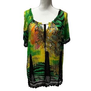 Alberto Makali Top Green Yellow Floral Crocheted‎ Trim Blouse Boho Womens Size L